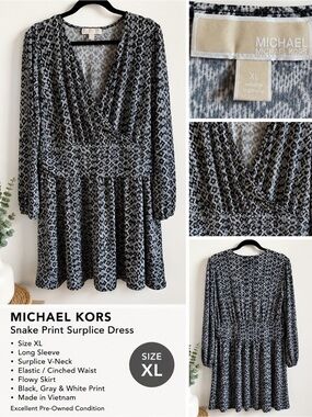 Michael Kors Black Gray & White Snake Print Surplice Dress xl